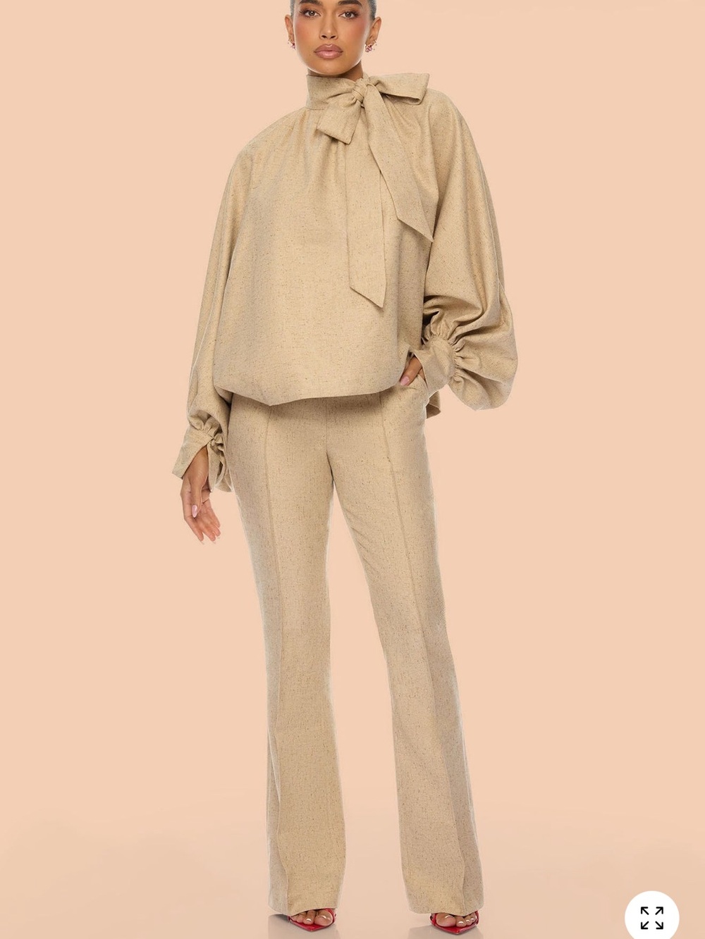 Tie-Neck Balloon Sleeve Top and pant set in Beige